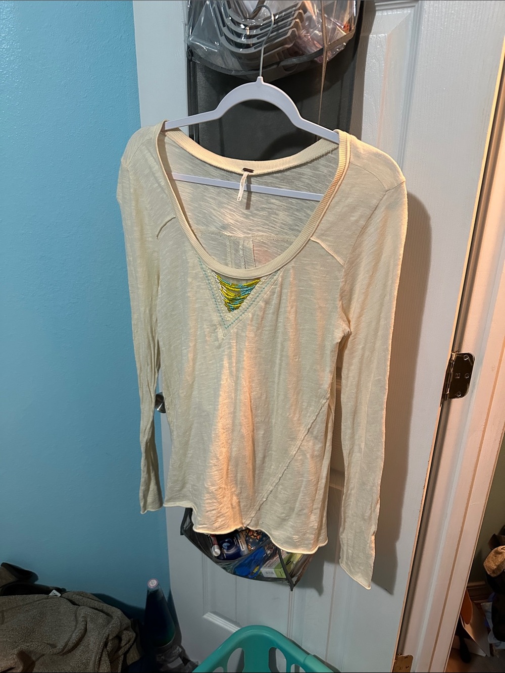 Free People Scoop Neck Long Sleeve Top with beaded V Detail